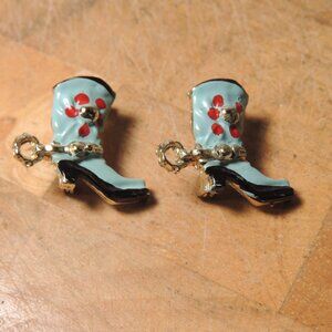 2 Cowgirl Cowboy Boot Scatter Pins Blue Enamel Red Flowers Cute
